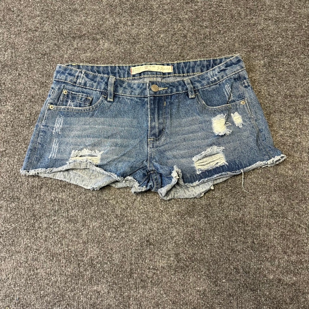 Jennyfer Denim Shorts Womens Size 28 Blue Distressed Frayed Hem Low Rise Casual